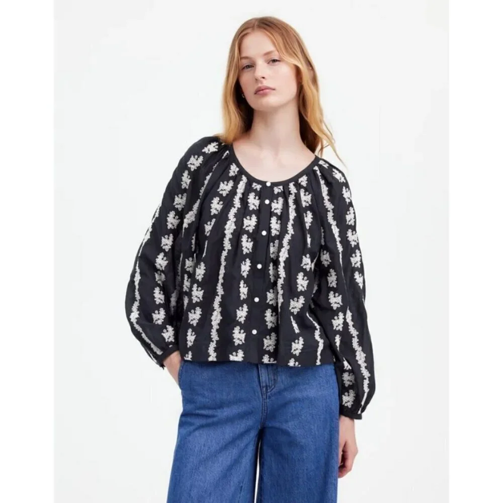 💕MADEWELL💕 Embroidered Puff Sleeve A-Line Top ~ True Black Medium M NWOT